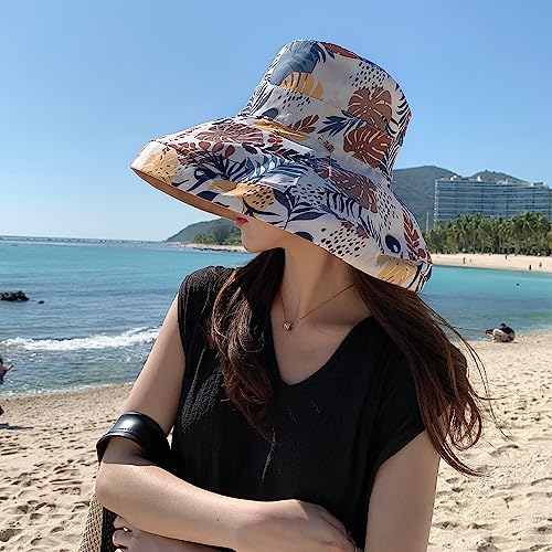 Image of HUAMULAN Women Sun Hat Summer Bucket Beach Boonie Cotton Cap Wide Brim UPF 50