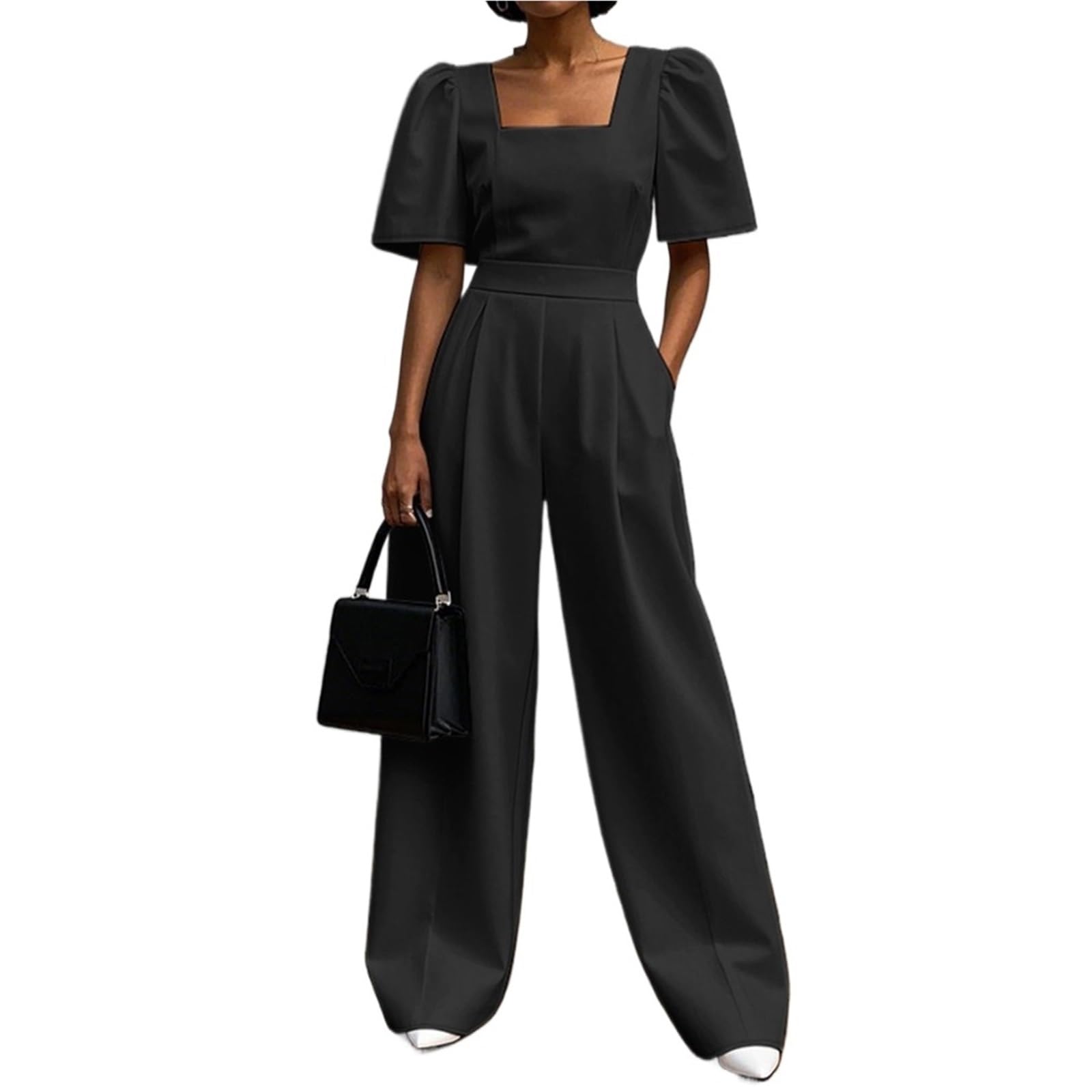 Jumpsuit Donna Tute eleganti aderenti in vita da donna, scollo quadrato, moda da strada, maniche corte, pantaloni larghi, tute solide for il tragitto casa-lavoro