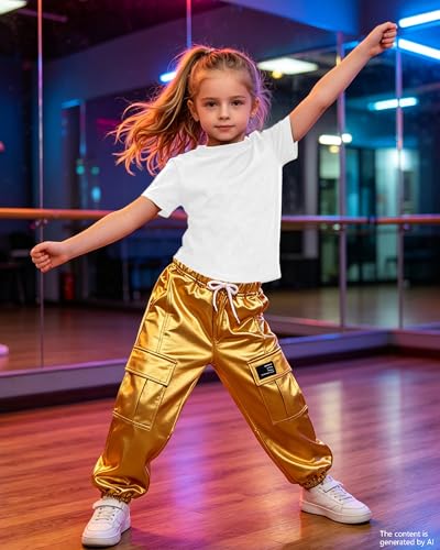 Image of SANGTREE Girls Shiny Hip Hop Outfits,Crop Top Cargo Joggers,4T‑14Y