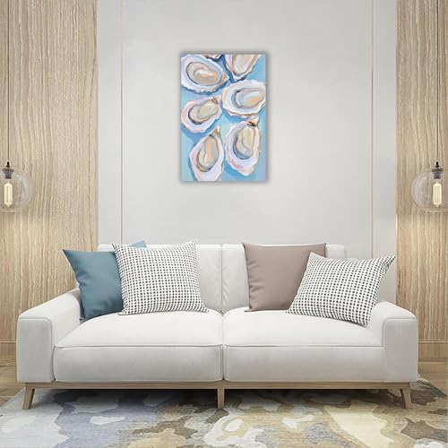 Image of Pastel Blue Oyster Shell Poster Abstract Coastal Shell Canvas Wall Art Funky Colorful Summer Beachy Picture Prints Painting For Home Living Room Kitchen Restaurant Wall Decor 8x12in Framed