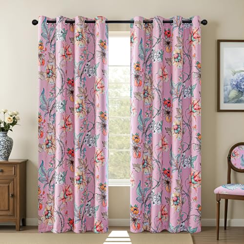 Image of MYSKY HOME Pink Floral Blackout Curtains 84 inches Long for Living Room Bedroom Thermal Insulated Light Blocking Drapes Spring French Country Coquette Flower Window Panels Girls Room, 2 Pcs, 52 inch Wide