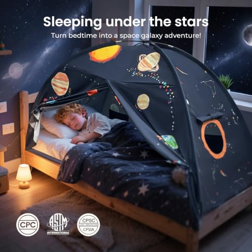 Image of Tiny Land Space Galaxy Bed Tent for Kids, Twin Bed Canopy, 9 Planets | Easy-To-Install, Machine Washable, Fits Twin Beds, Cozy Sleep Space For Imaginative Play