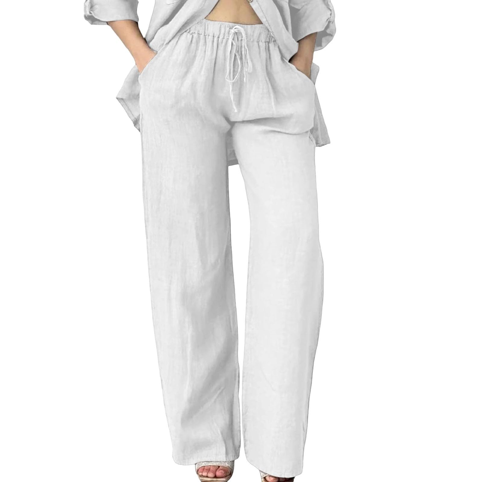 Generisch Pantalon de loisirs d'été pour femme - Pantalon de plage - Couleur unie - En lin - Taille haute - Avec poches - Cordon de serrage - Long - Décontracté - Léger - En lin - Coupe droite - En