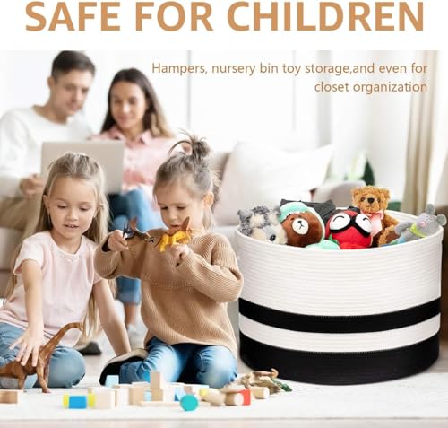 COSYLAND Großer Korb aus Baumwollseil, Korb für Decken, Wäschekorb Kinderzimmer, Wäschekorb Baby für Kinderzimmer, Boo Basket, Aufbewahrungskorb Groß, Spielzeugkorb, 56x56x35.5cm (Schwarz)