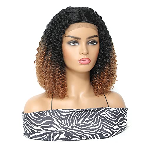 Qihang Short Curly Afro Wigs For Black Women Ombre Brown Synthetic Wig With 5×1 Lace Frontal Afro Kinky Curly Wig With Middle Part Lace Bob Wig For Party Daily Use 12 Inch #TOP6