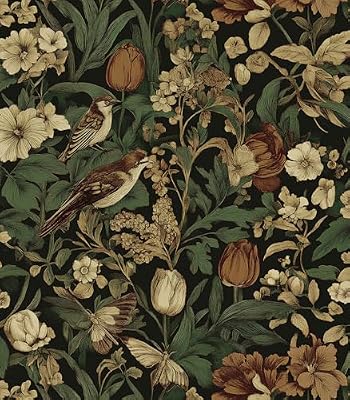 Erfoni 17.3" x118" Vintage Floral Peel and Stick Wallpaper Dark Floral and Bird Contact Paper DIY Self Adhesive Removable Wallpaper for Bedroom Cabinets Decor Retro Boho Flower Leaf Wall Paper