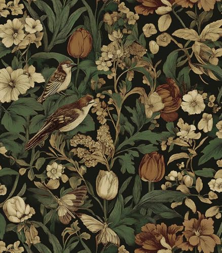 Erfoni 17.3" x118" Vintage Floral Peel and Stick Wallpaper Dark F...