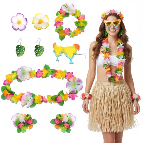 Hawaiian Outfits Accessories Set for Women, 8 PCS Hawaii Hula Costume Accessory with Tropical Flower Crown, Hibiscus Hair Clip, Leis, Bracelet, Earring and Sunglasses for Summer Beach Party Favors