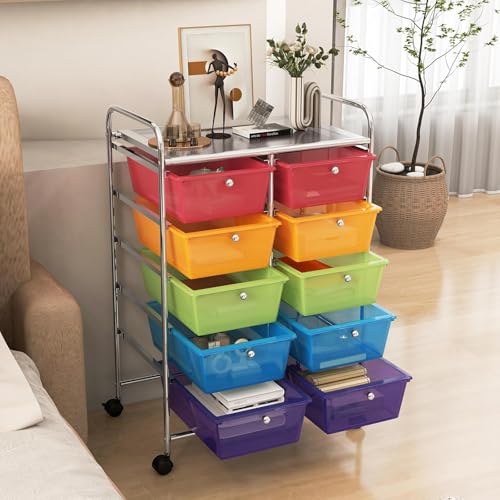 Image of LDAILY 10 Drawer Rolling Cart, Storage Cart Organizer on Wheels, Drawer Cart with Metal Frame & Large Storage Capacity, Rolling Cart with Drawers for Living Room Classroom, Office