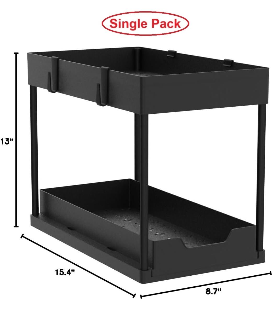 HONGHUIKJ Single Pack 2-Tier Under-Sink Organizer Tray - Sliding Drawer Storage for Bathroom & Kitchen (Black)