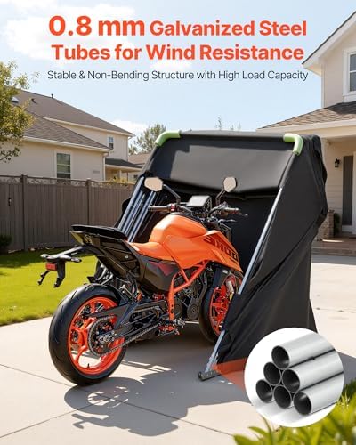 VEVOR Motorcycle Storage Shelter with Security Lock, 600D Oxford Flip-Up Garage Tent, Heavy-Duty All-Weather Motorcycle Cover with Ventilation Windows, 110 x 43 x 63 in Outdoor Vehicle Shelter, Black - 3