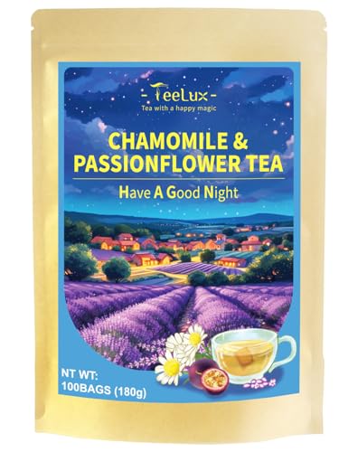 Image of TeeLux Chamomile Passionflower Tea Bags, Smooth & Soothing Taste, 100 Count | Caffeine Free Herbal Blend with Lemon Balm, Spearmint, Valerian Root & Lavender, Floral Aroma, Gluten Free, Hot or Iced