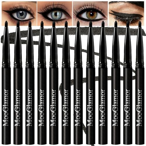 MooGlamor New 12 Pcs Black Eyeliner Pencil Gel Eyeliner Pen with Retractable and Waterproof Eye Liner for Bold and Defined Eye Liner（Black）