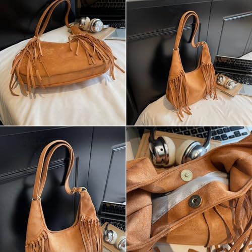 Image of Women Vintage Suede Fringe Hobo Bag Tote Shoulder Bag Crossbody Bag and Hippie Western Cowgirl Purse Shoulder Bag
