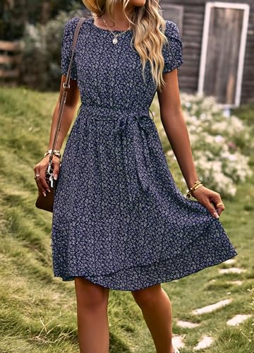 IFFEI Women Summer Boho Midi Dresses Floral Beach Flowy A Line Casual Dress with Belt M Blue - Image 4