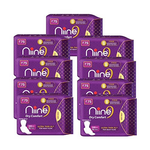 Image of NIINE Dry Comfort Ultra Thin XL+ Sanitary Napkins for Heavy Flow (Pack of 9) 54 Pads with Free Biodegradable disposable bags
