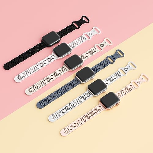 Image of 6 Pack Slim Thin Lace Hollow-out Silicone Bands Compatible with Apple Watch 38mm 40mm 41mm 42mm 44mm 45mm 46mm 49mm Women, Breathable Sport Strap for iWatch Series 11 /10 /9 /8 /7 /6 /5 /4 /3 /2 /1 Ultra SE