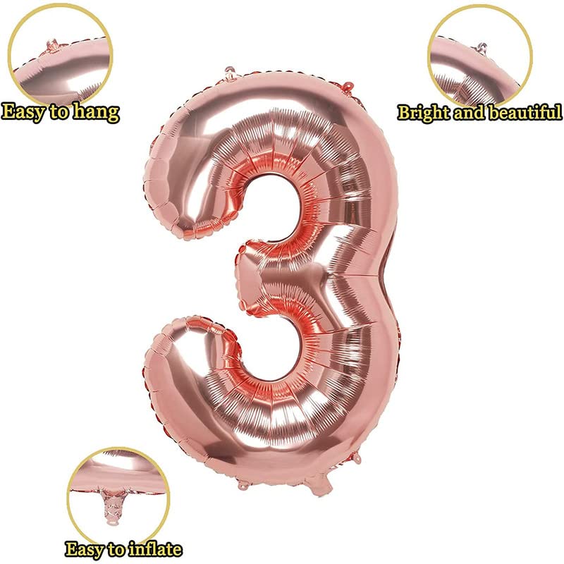 Image of Bubblebells Rose Gold 32 Inches 3 Numbers Shape Large Big Foil Helium Balloons for Party Decorations in Happy Birthday Anniversary Office Items Materials Set Pack