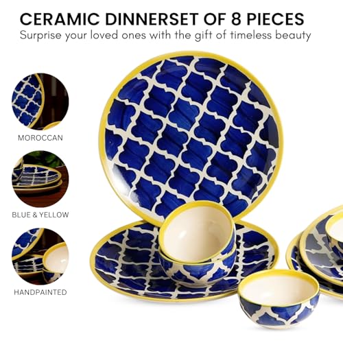 Image of Moroccan Handpainted' Permium Ceramic Plates for Dinner Ceramic Dinner Plates with Katoris (8 Pieces, Serving for 4, Dishwasher & Microwave Safe)