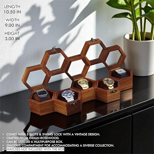 Image of Vintage Wooden Watch Box for Men, Timepiece Display Case, Honeycomb Watch Storage & Organizer, Jewlery Box for Women, Anniversary Gift For Husband (5 Compartments)