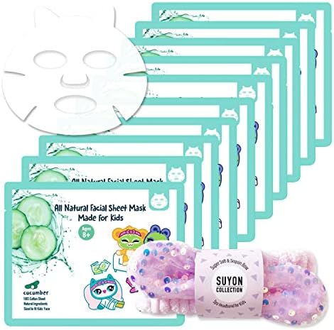 SUYON Collection Natural Facial Sheet Mask for Kids (8 pcs) I Kids Spa Kit I Children Facial Sheet Mask + Sequin Soft Spa Headband -Size for Ages 8+ I 100% Cotton sheet I Korean Beauty I Perfect for Birthday Party, Spa Day and Sleep over