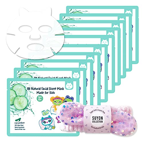 Suyon Collection Natural Facial Sheet Mask For Kids (8 Pcs) I Kids Spa Kit I Children Facial Sheet Mask + Sequin Soft Spa Headband -Size For Ages 8+ I 100% Cotton Sheet I Korean Beauty I Perfect For Birthday Party, Spa Day And Sleep Over #TOP1