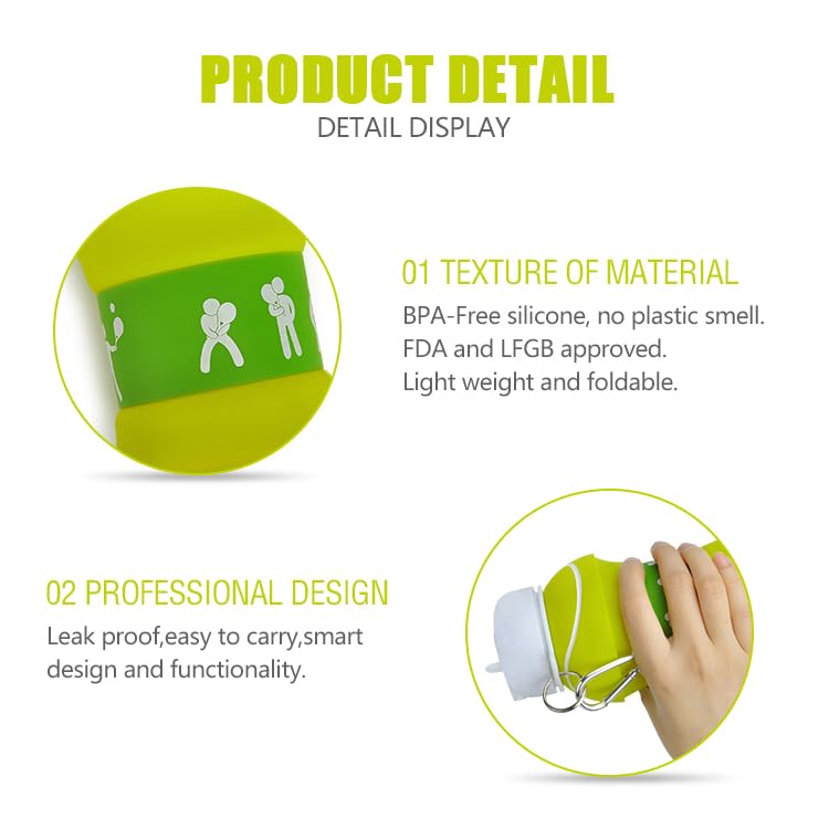 Wolobox Sports Silicone Water Bottle Collapsible Water Bottle for Children, Girls and Adults, Compact, BPA-Free, Resistant Capacity 550 ml Outdoor Portable School Games, Dishwasher Safe (Tennis) - Image 3