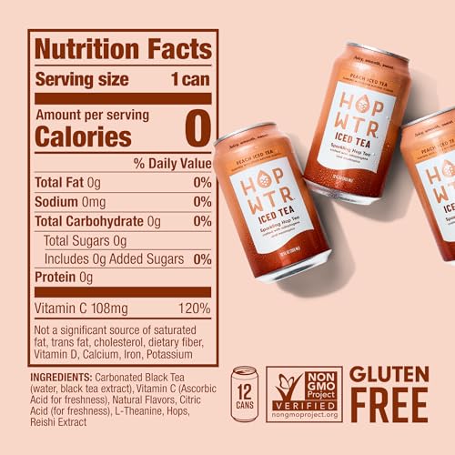 Image of HOPWTR Peach Iced Tea, Non Alcoholic Sparkling Tea with Adaptogens, Nootropics & Vitamin C, Zero Sugar Zero Calorie Functional Beverage, Gluten Free Hop Water Drink (12 Pack, 12oz Cans)