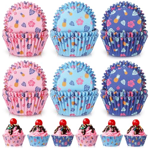Honoson 225 Count Hawaiian Luau Cupcake Liners Pineapple Palm Baking Cups Blue Muffin Wrappers Paper Cups for Tropical Beach Summer Birthday Party Baby Shower Decorations