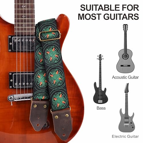 Image of Nefelibata Guitar Strap,Jacquard Embroidery Cotton Guitar Straps with Crazy Horse Leather Ends for Bass, Electric & Acoustic, Best Gifts for Kids, Guitarists(Green Sun Embroidery)
