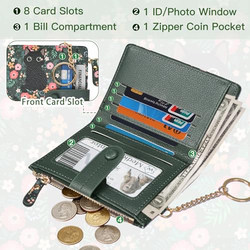 Image of COSHAYSOO Wallet for Women Ladies RFID Blocking-Compact Bifold Coin Purse with Card Slots ID Window Zipper Pocket-Waterproof PU Leather Mini Wallet with Keychain Hook-Floral Cat Design