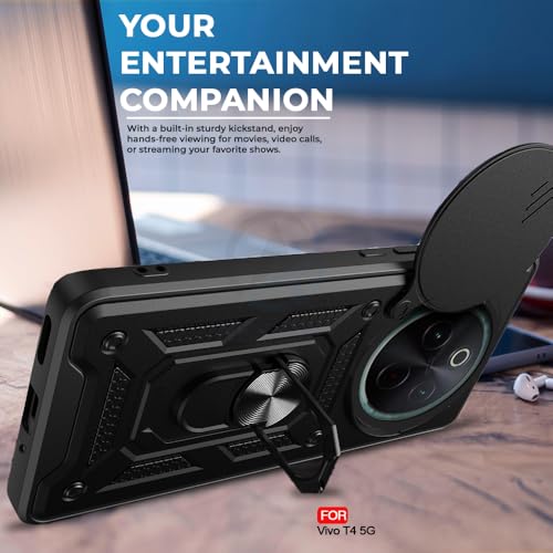 Image of AESTMO Tough Armor Vivo T4 5G / iQOO Z10 5G Bumper Back Case Cover | Ring Holder & Sliding Camera Shield Cover | 360 Degree Protection Back Case Cover for Vivo T4 5G / iQOO Z10 5G (Black)
