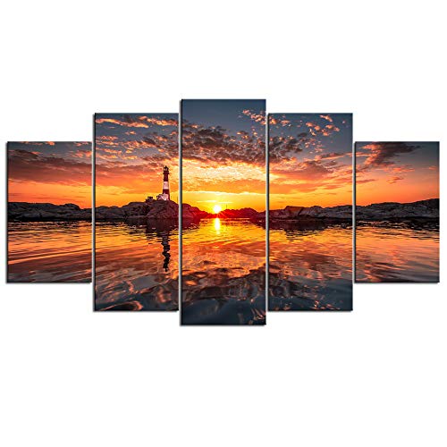 Nachic Wall Large 5 Piece Canvas Wall Art Lighthouse at Sunset Nature Scenic Pictures Printed on Canvas Contemporary Giclee Artwork Framed for Home Office Living Room Bedroom Decoration