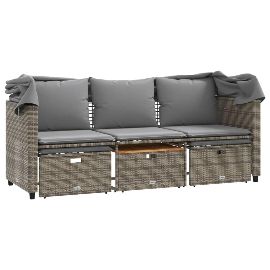3-osobowa sofa outdoorowa z wysuwanym dachem, 2 taborety i stół, zestaw mebli ogrodowych z szarego polirattanu, odporna na działanie promieni UV, odporna na warunki atmosferyczne, na taras