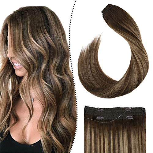 Halo Hair Extensions Real Human Hair, Ugeat Invisible Hair Extensions Human Hair Balayage Color Brown Hair #4 Mixed with Blonde Hair #27 Clip in One Piece Hair No Tape 18 Inch 80G/Piece