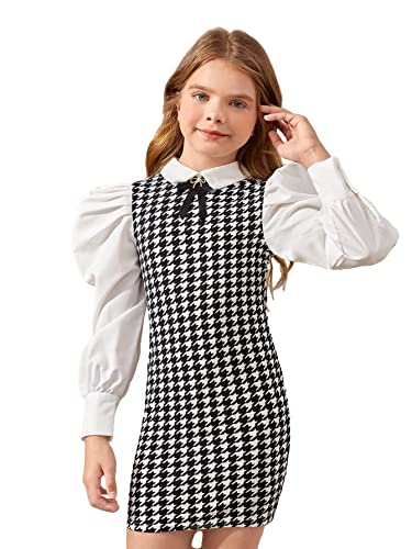 WDIRARA Girl's Houndstooth Long Puff Sleeve Fitted Mini Dress Vintage Cute Dress