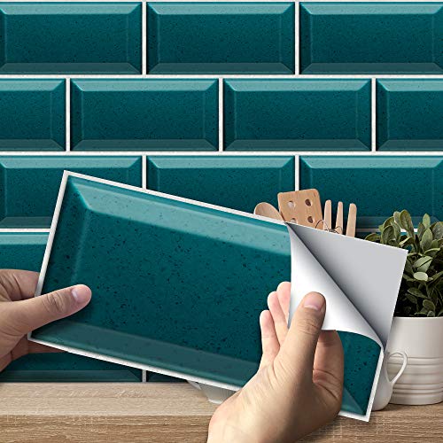 funlife 27Pcs Green Tile Stickers Peel and Stick Self-Adhesive Vinyl Splashback Kitchen Decor Turquoise Terrazzo, 20X10cm
