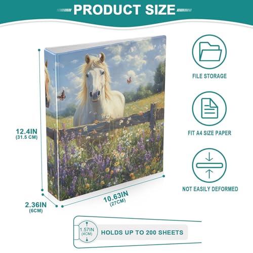 Image of 3 Ring Binder Horse Lavender White 1.5 inch Binders Three Ring Binders with Clipboard Fit 8.5'' x 11'' Paper 3 Interior PVC Clear Pockets for Office Supplies