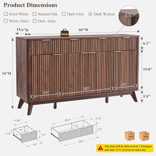 T4TREAM Fluted Buffet Sideboard Cabinet with Storages, 60" Large Modern Buffet Table Coffee Bar Wine Bar Storage Cabinet with 3 Drawers & 4 Doors for Dining Room, Living Room, Hallway(Dark Walnut) - Image 3
