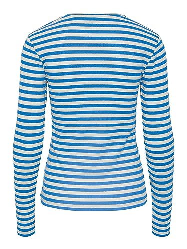 PIECES Pcruka LS Top Noos, Camiseta de Manga Larga para Mujer, Azul Francés/Rayas: Cloud Dancer, S