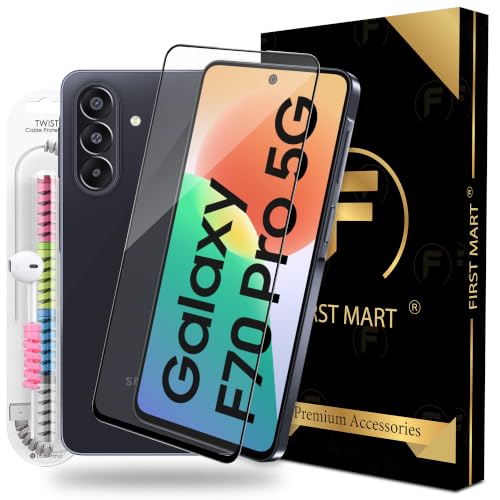 Image of FIRST MART Tempered Glass for Samsung Galaxy F70 Pro 5G, 9H 0.3 mm Full-Glue Screen Protector with Cable Protector, 3D Edge-to-Edge, HD Clear, Case-Friendly, Black, Pack of 1