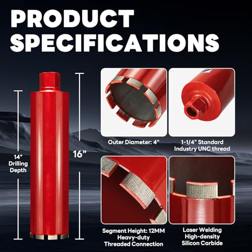 Image of Premium 4 inch Wet Core Drill Bit for Hard Concrete with High-Density Diamond, Precision-Welded Segments, 1-1 /4 inch-7 UNC x 14 inch Depth, Industrial Grade for Concrete Rebar, Brick, Masonry, Asphalt