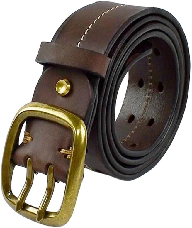 Men's vintage Double Needle Buckle Genuine Leather Solid Cowhide Thick Jeans Waistband Casual Belt