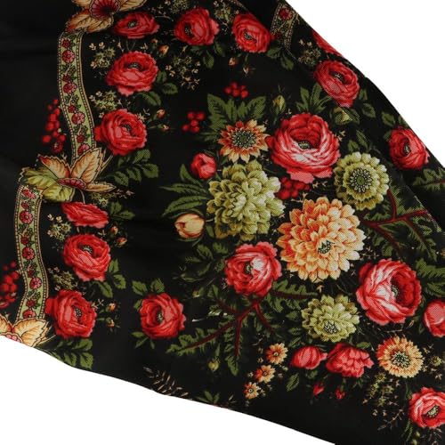 Russian Style Scarf - 35 x 35 inch, Polyester Floral Printed Long Tassel Large Square Shawl - Traditional Retro Ukraine Style4