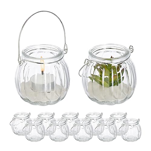 Relaxdays Photophore en Verre, Lot de 12, Porte-Bougie avec Anse argentée, HxD : 7,5 x 8 cm, Rond, Transparent