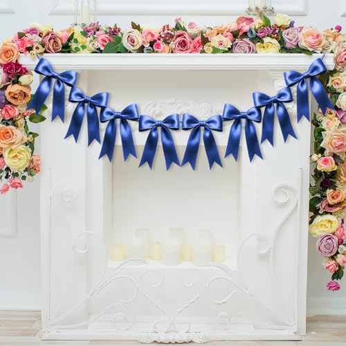Image of 1 String of 8PCS Navy Blue Bow Garland Banner Decoration,Pre-Strung Satin Ribbon Ornaments for Birthday,Bachelorette Party,Bridal Shower,Wedding,Engagement,Baby Shower,Graduation Decor,Anniversary