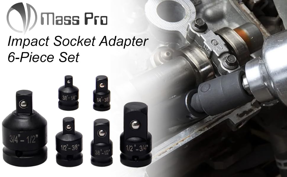 Mass Pro 6Pcs Drive Adapter & Reducer Set, CR-MO Steel Wrench Converter Kit, 1/4", 3/8", 1/2" & 3/4" Square Drive Extension Accessories for Ratchets, Impact Wrenches, Breaker Bars & Power Tools