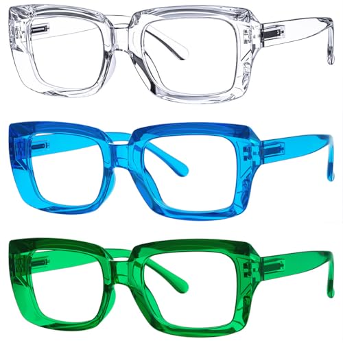 Image of Eyekepper 3 Pack Stylish Reading Glasses Women - Oversized Square Readers (Transparent /Blue /Green) +3.50