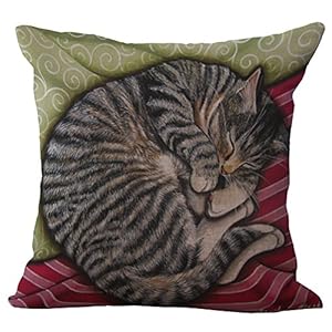 ChezMax Linen Blend Sleepy Cats Pattern Cushion Cotton Square Decorative Throw Pillow 18 X 18”
