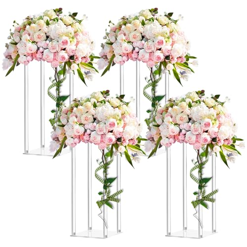 Geetery 4 Pieces Tall Acrylic Vase Wedding Centerpieces Clear Flower Stand Column Geometric Floral Vase Elegant Display Holder for Birthday Party Wedding Table Decorations (16 Inch)